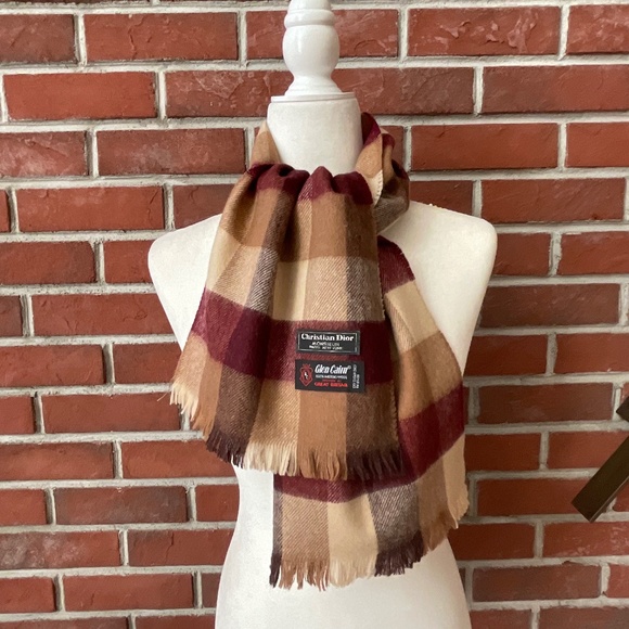 •Christian Dior Vintage  Merino Wool Woven In Great Britain Plaid Scarf 50”/10” - Picture 1 of 7